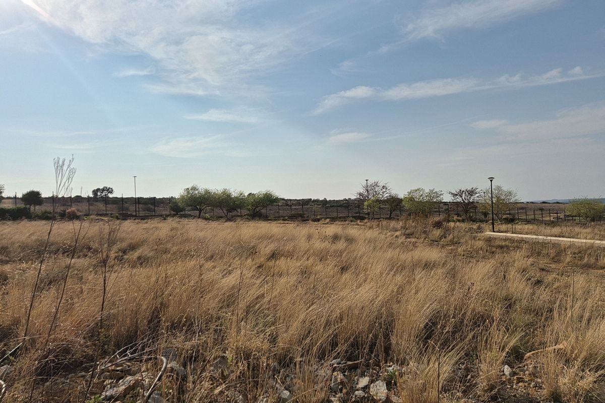A view of a vacant residential plot featuring dry grass, perimeter fencing, and installed street lighting.