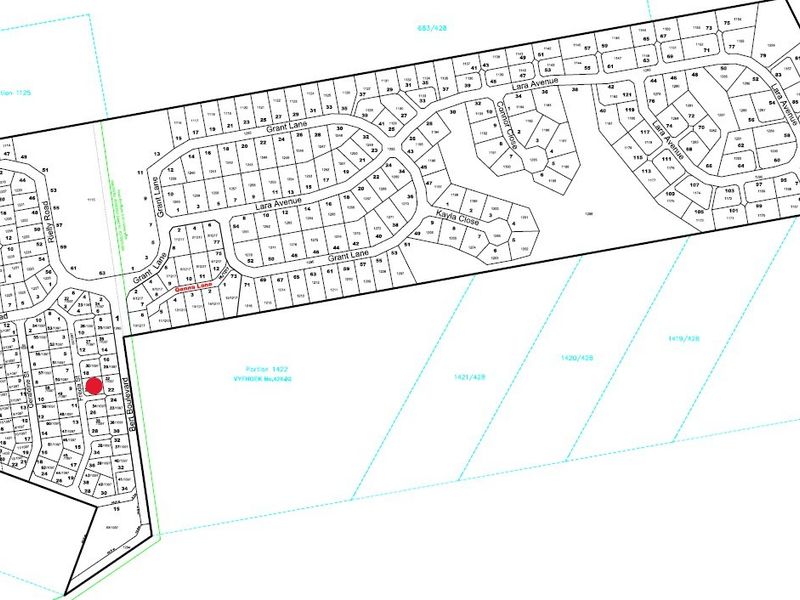 A detailed site layout plan showing the subdivision of the residential land development with marked street names and individual plot numbers.