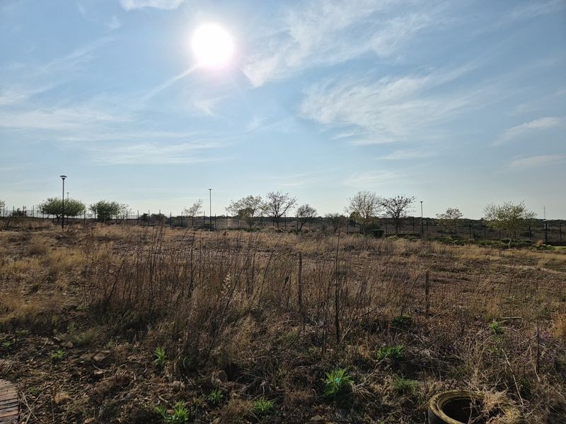 A view of a vacant residential plot featuring dry vegetation, perimeter fencing, and street lighting under a clear sky.