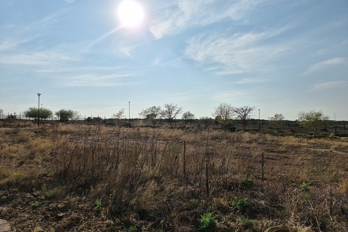 A view of a vacant residential plot featuring dry vegetation, perimeter fencing, and street lighting under a clear sky.
