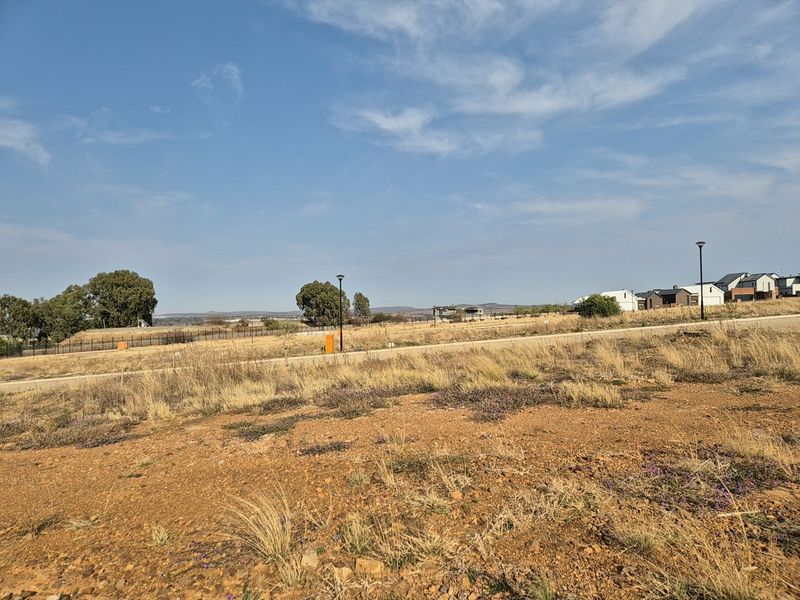 A view of a vacant residential plot featuring natural vegetation, street lighting, and surrounding neighborhood infrastructure.