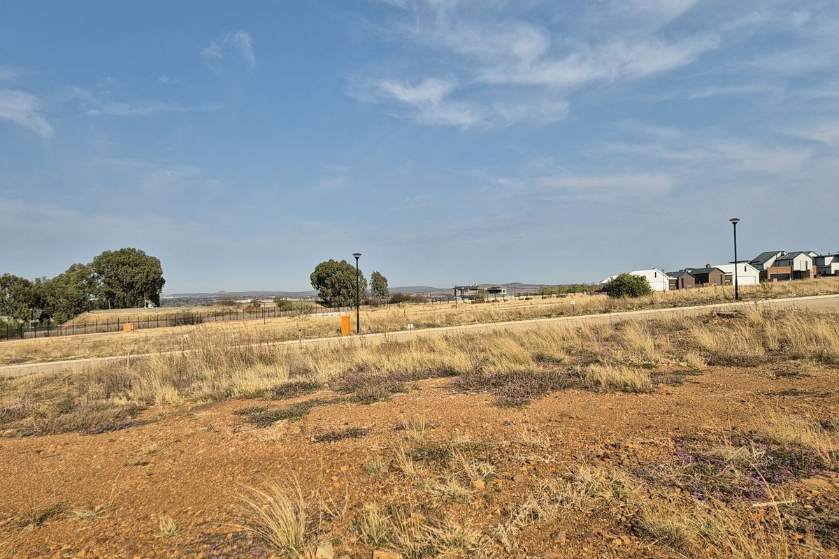 A view of a vacant residential plot featuring natural vegetation, street lighting, and surrounding neighborhood infrastructure.