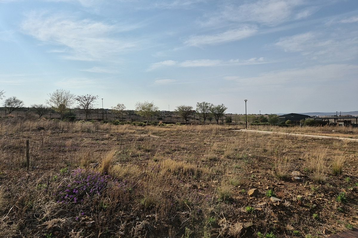 A vacant residential plot of land featuring natural dry vegetation, perimeter fencing, and street lighting, offering a clear space for future development.