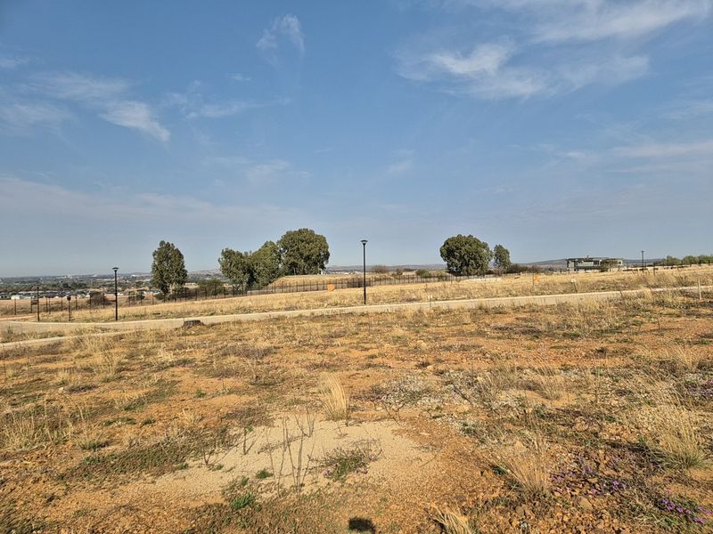 A vacant residential plot featuring natural terrain, paved road access, and established perimeter fencing in a developing estate setting.
