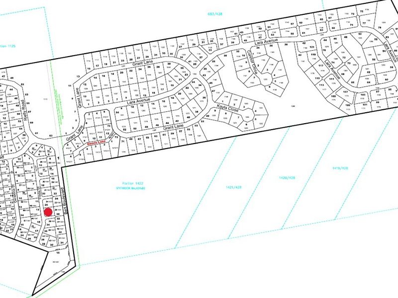 A detailed cadastral survey map showing the layout of the residential estate, including individual plot boundaries, street names, and property numbering.