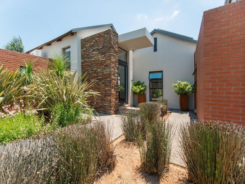 Modern front entrance featuring stone cladding, brick walls, and a paved walkway leading to a contemporary canopy.