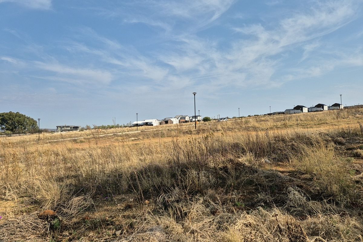 A view of a vacant residential plot featuring dry grass and installed street lighting, situated within a developing estate.