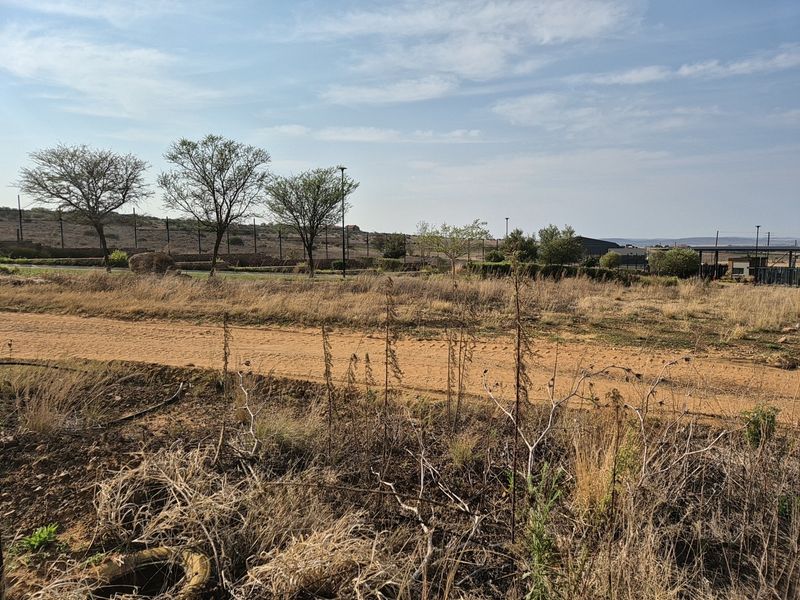 A view of a vacant residential plot featuring natural vegetation, perimeter fencing, and an unpaved access road.