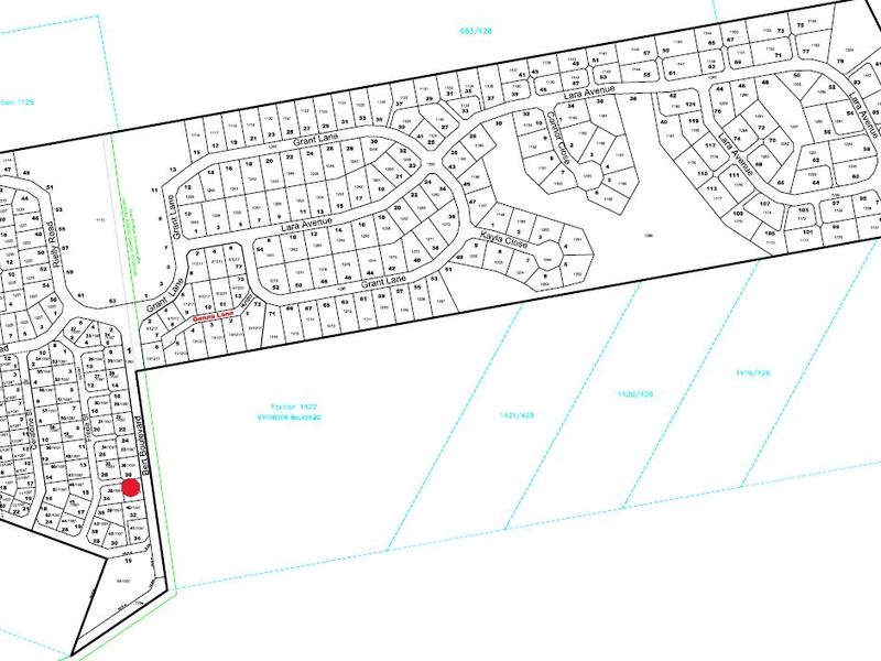 A detailed cadastral survey map showing the layout of residential plots, street names, and property boundaries within the estate.