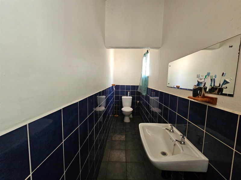 A narrow bathroom featuring dark blue wall tiles, a white pedestal basin, a wall-mounted mirror, and a standard toilet.
