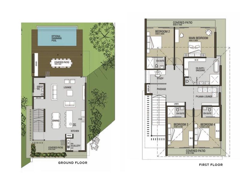 Architectural floor plan showing the layout of the ground and first floors, including bedrooms, living areas, and outdoor spaces.