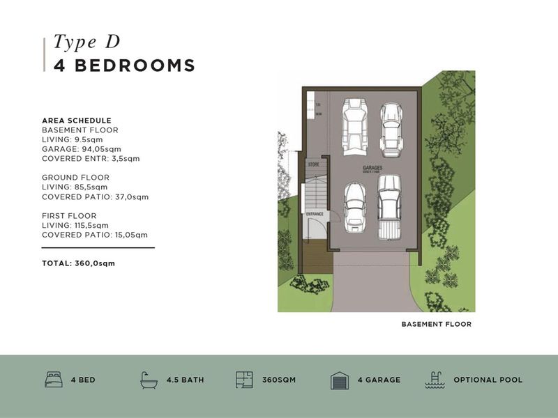 Architectural floor plan for a four-bedroom property, highlighting the basement level layout including a four-car garage, storage space, and entrance.