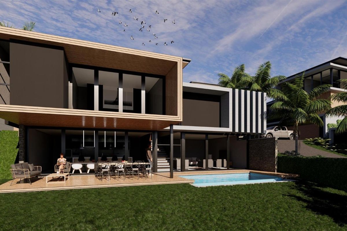 A modern architectural rear exterior featuring a swimming pool, expansive timber decking, and large sliding glass doors connecting to the indoor living space.