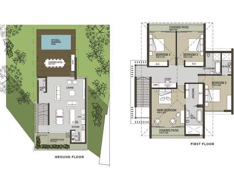 Architectural floor plan showing the layout of the ground and first floors, including bedrooms, living areas, and outdoor spaces.