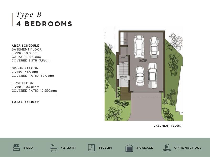 Architectural floor plan for a Type B four-bedroom house, detailing the basement level layout including a four-car garage, storage area, and entrance.