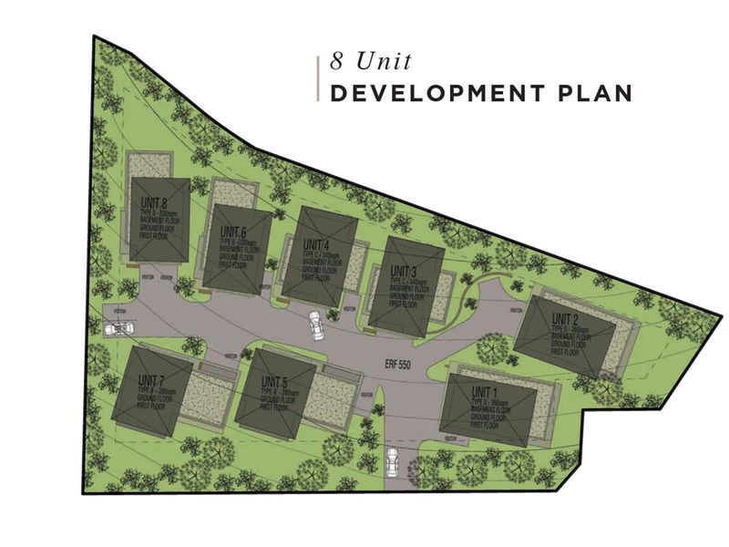 A site development plan illustrating the layout of eight residential units on the property.