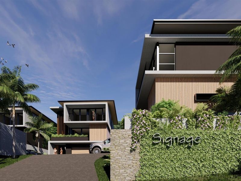 A modern architectural rendering of a multi-level residential development featuring stone and timber facade elements, a paved driveway, and landscaped retaining walls.