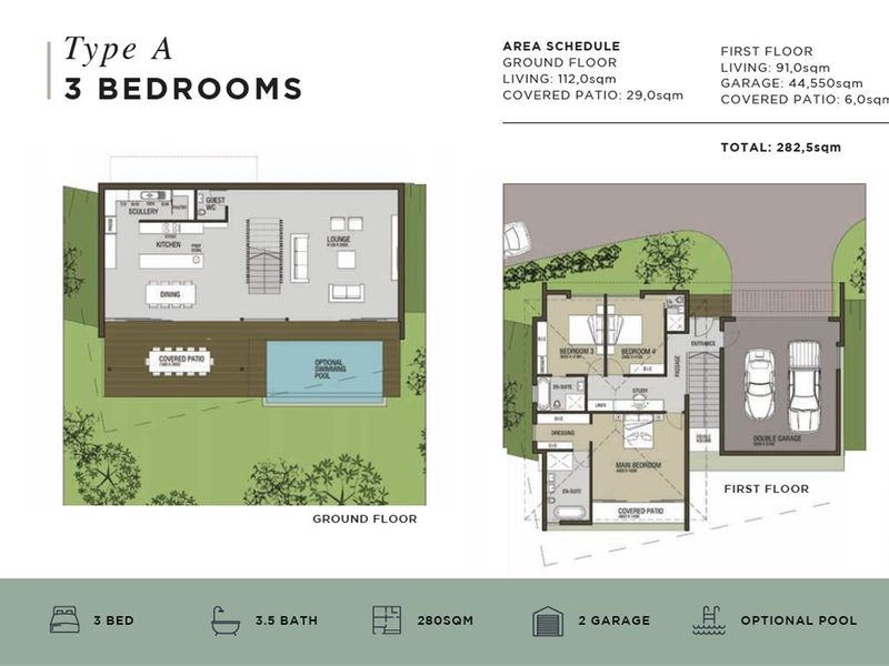 A detailed architectural floor plan for a three-bedroom house, showcasing the layout of the ground and first floors, including garage and patio areas.