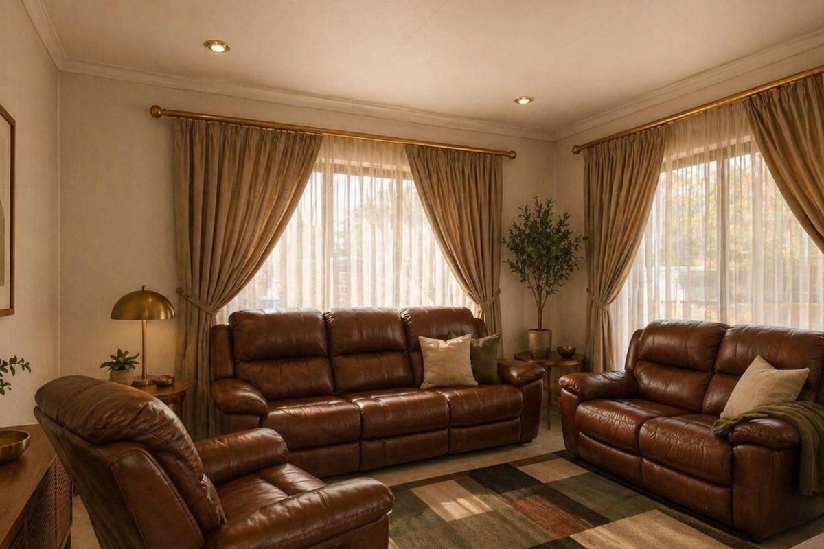 A comfortable living room featuring recessed ceiling lighting, large windows with elegant curtain treatments, and neutral wall finishes.