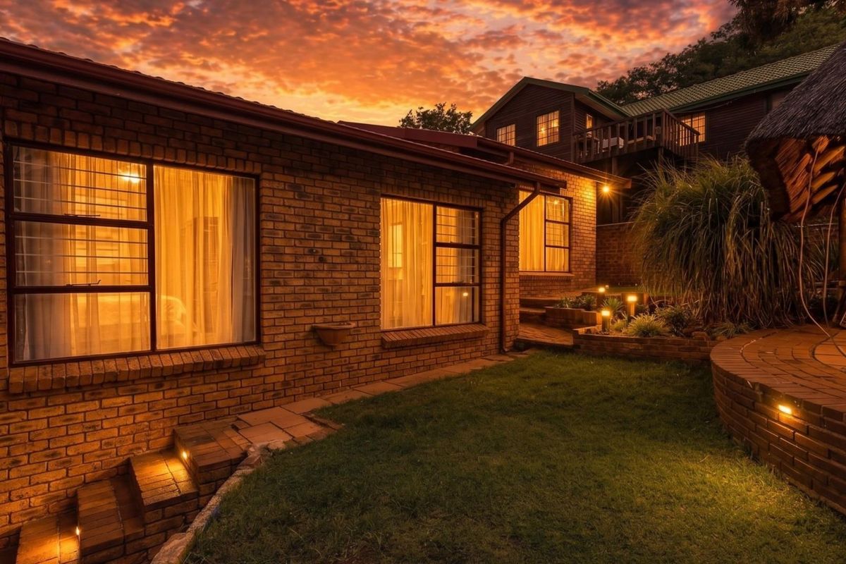 A charming rear exterior view of a brick house at sunset, featuring landscaped garden areas, tiered brick steps, and warm outdoor lighting.