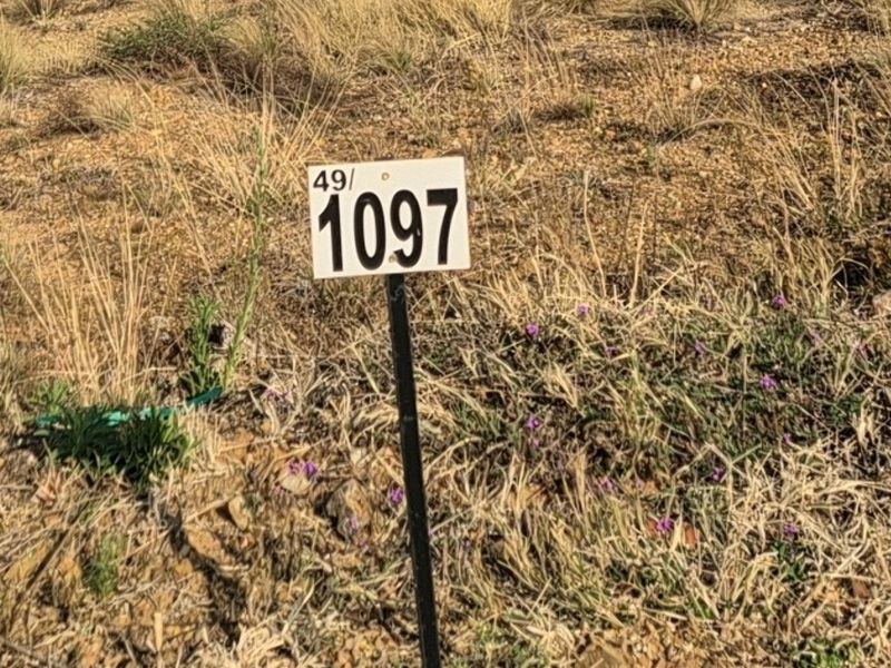 A close-up view of a property boundary marker stake on a vacant residential plot.