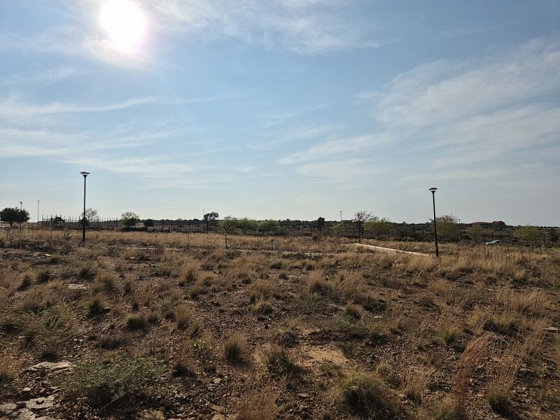 A vacant residential plot featuring natural dry grass, perimeter fencing, and installed street lighting poles.