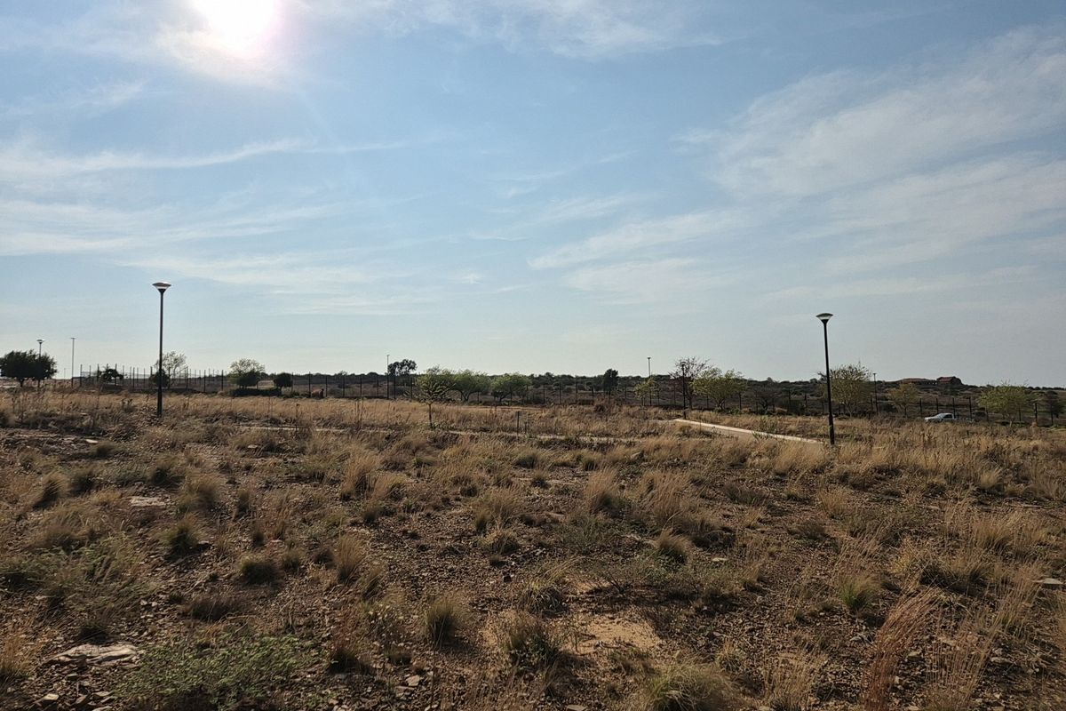 A vacant residential plot featuring natural dry grass, perimeter fencing, and installed street lighting poles.