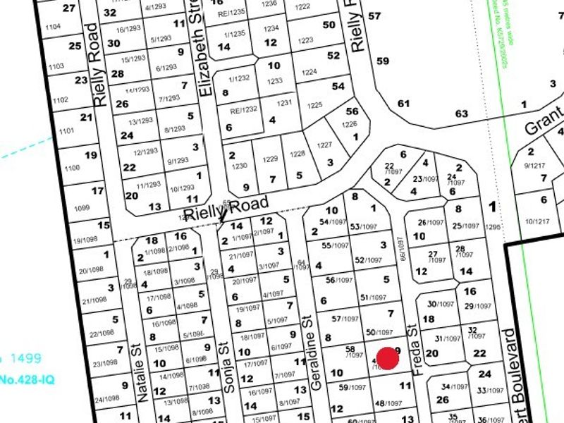 A cadastral survey map showing the layout of residential plots and street names in the local area, with a red marker indicating the property location.