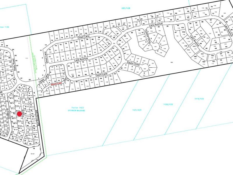 A detailed cadastral survey map showing the layout of the residential estate with the specific property location highlighted in red.