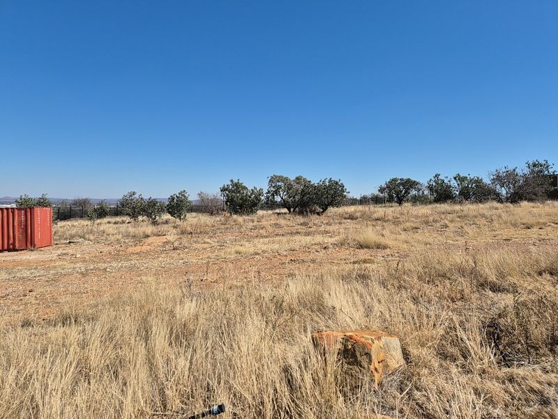 A wide-angle view of a vacant residential plot featuring dry grass, scattered native trees, and perimeter fencing under a clear blue sky.
