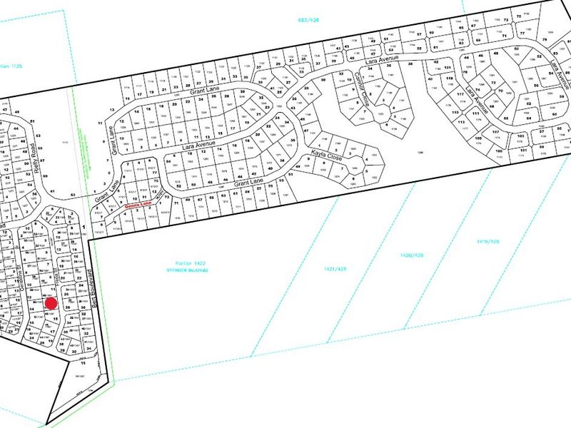 A detailed cadastral survey map showing the layout of residential plots, street names, and property boundaries within the estate.