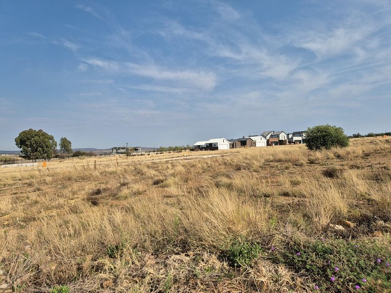 A view of a vacant residential plot featuring dry grass and surrounding neighborhood development in the distance.