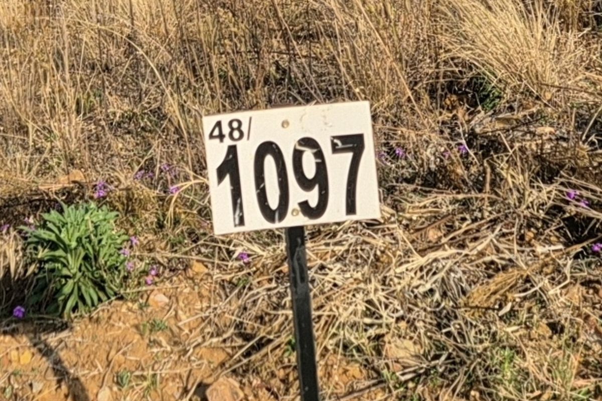 A close-up view of a property identification marker on a vacant residential plot.
