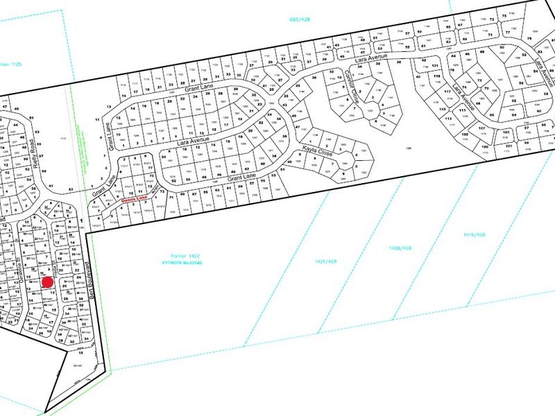 A detailed site layout plan showing the subdivision of residential plots, including street names and individual lot numbering for the development.