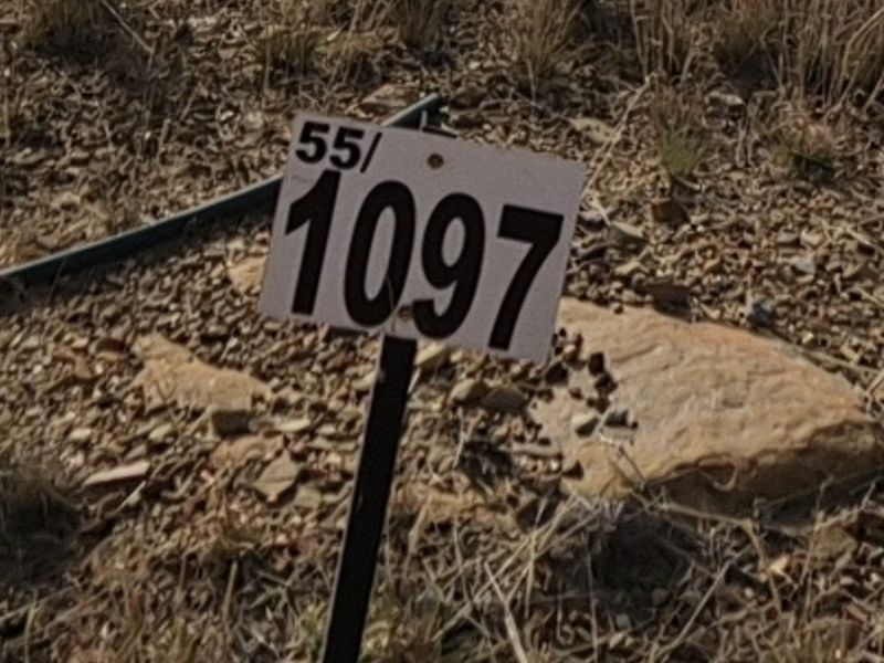 A close-up view of a property marker stake indicating the plot number on a vacant residential lot.