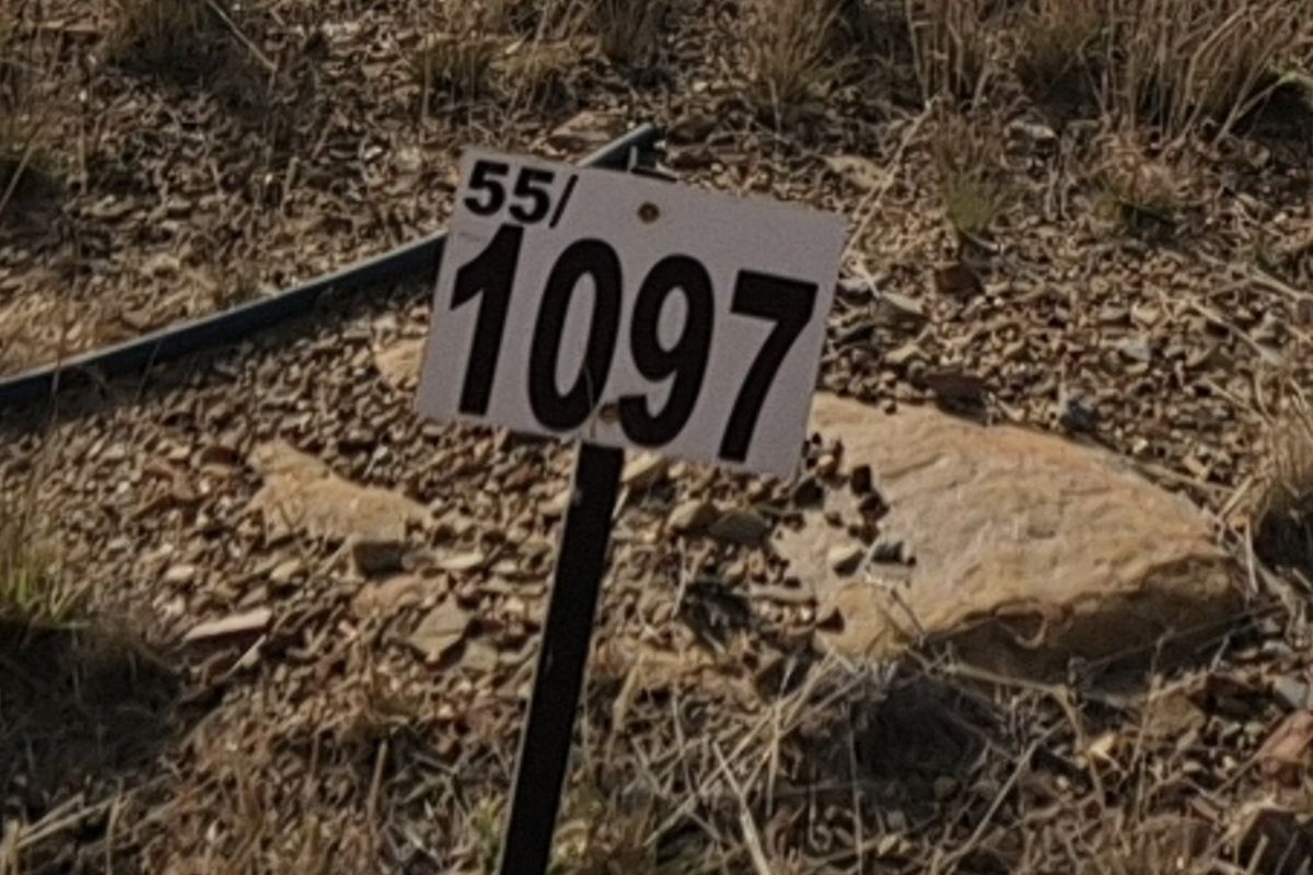 A close-up view of a property marker stake indicating the plot number on a vacant residential lot.