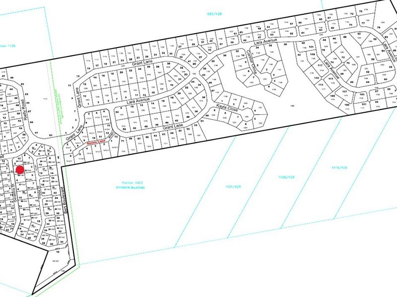 A detailed cadastral survey map showing the layout of residential plots and street infrastructure within the development area.
