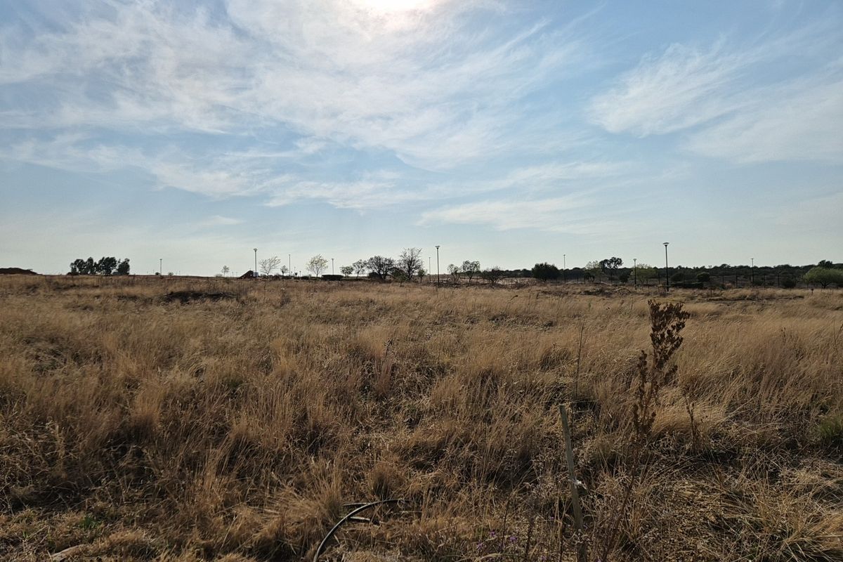 A wide-angle view of a vacant residential plot featuring dry grass and existing street lighting infrastructure.