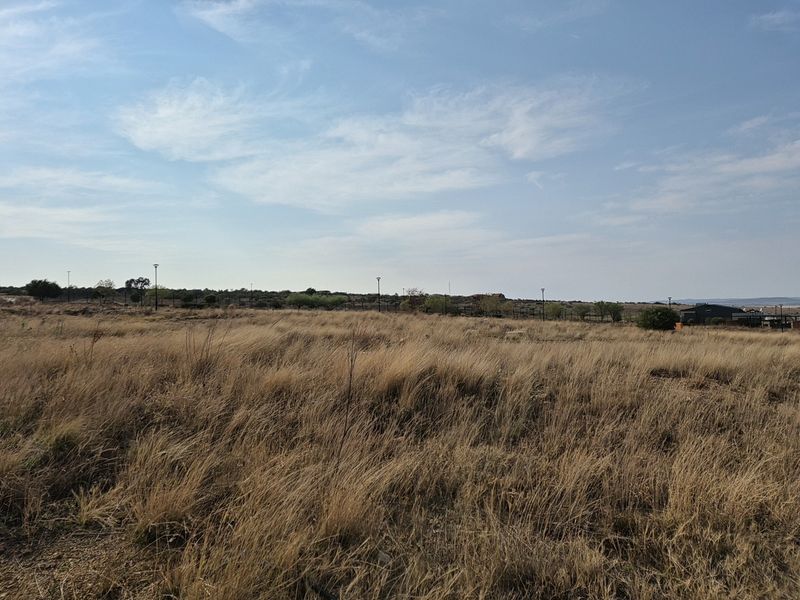 A wide-angle view of a vacant residential plot featuring dry grass, perimeter fencing, and distant street lighting.