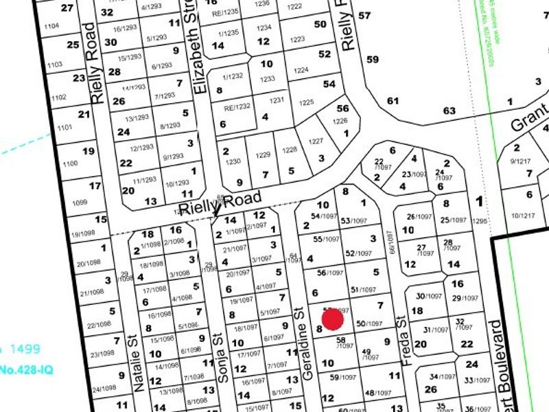 A cadastral survey map showing the layout of residential lots and street boundaries in the local area.