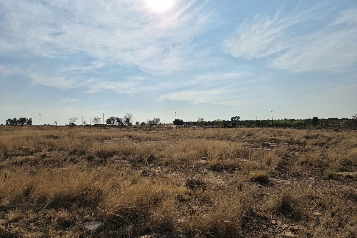 A wide-angle view of a vacant residential plot featuring dry grass and scattered street lighting infrastructure.