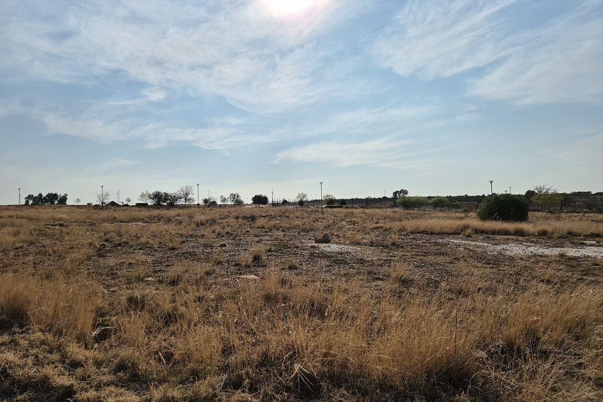 A wide-angle view of a vacant residential plot featuring dry grass, perimeter fencing, and existing street lighting infrastructure.