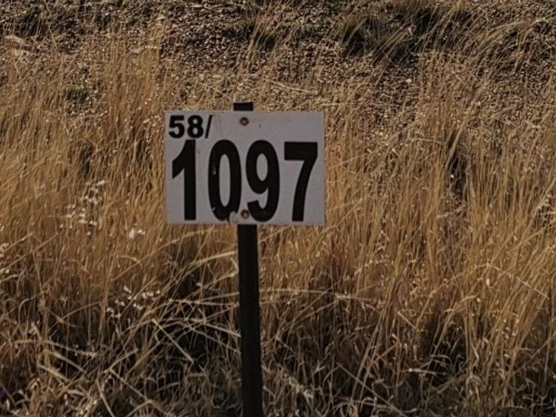 A close-up view of a property identification marker sign situated on a vacant residential lot.
