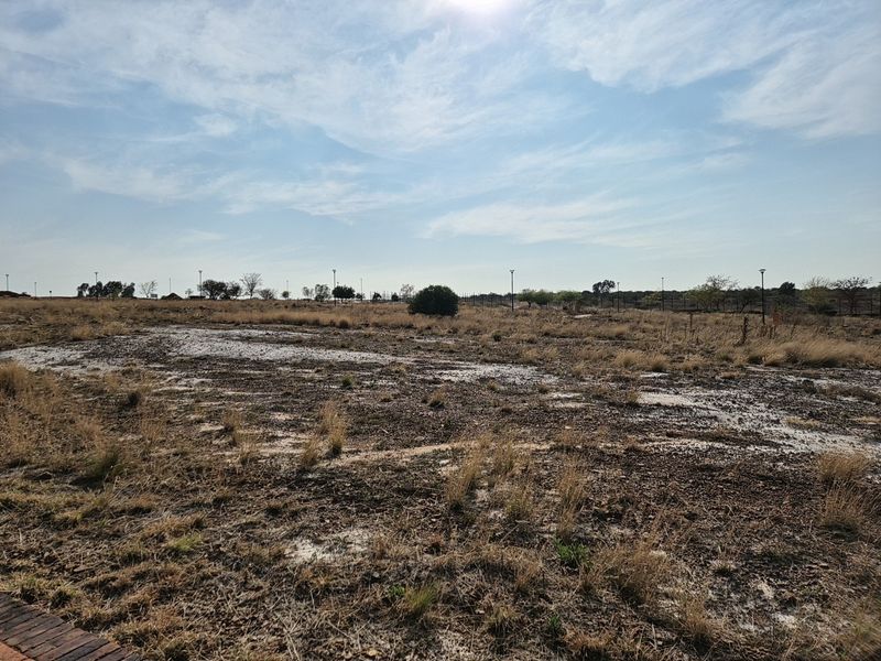 A wide-angle view of a vacant residential plot featuring natural dry vegetation, perimeter fencing, and installed outdoor lighting poles.