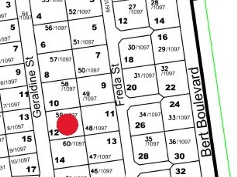 A cadastral map or site plan showing the layout of residential plots, including the location of the subject property highlighted in red.