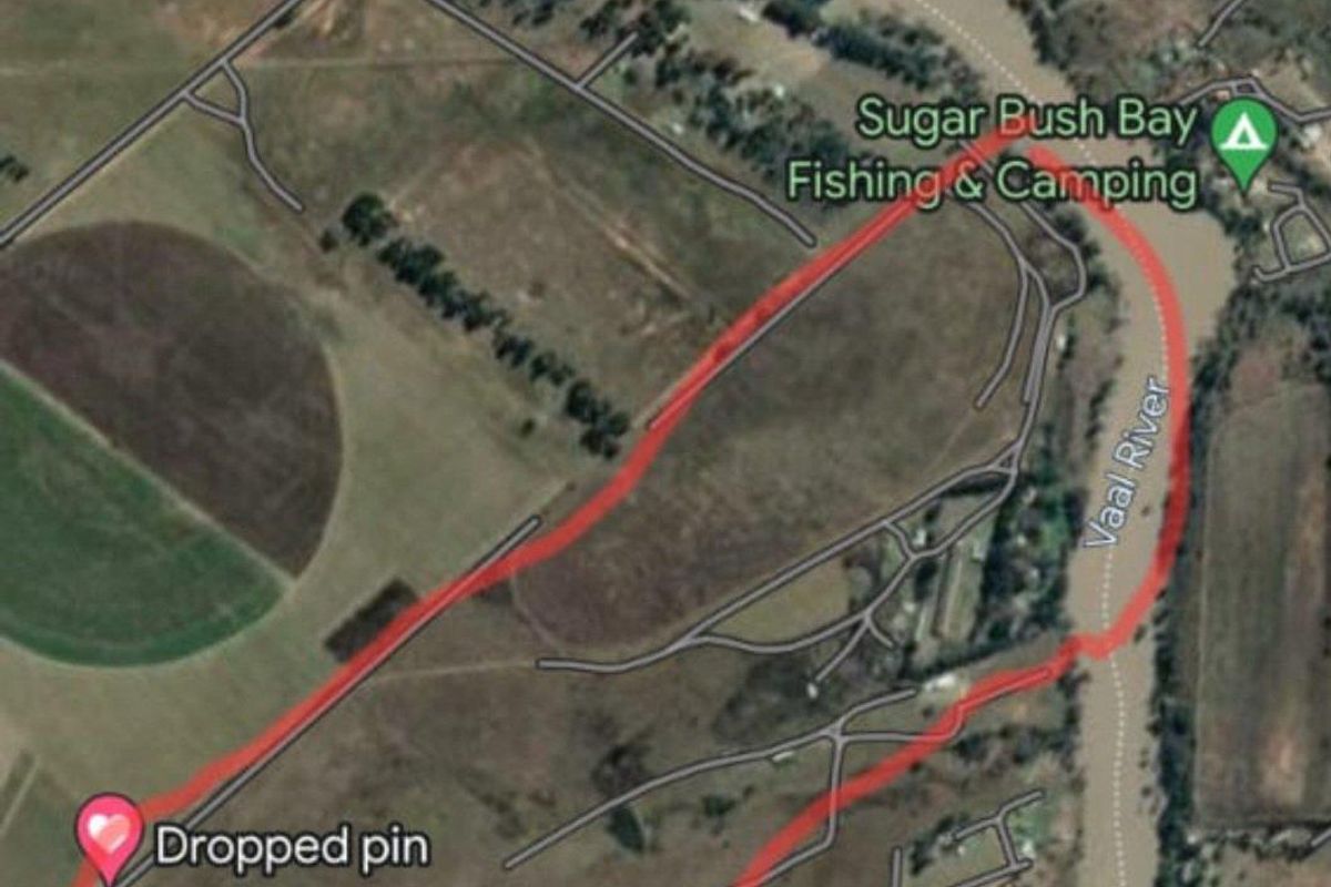 An aerial satellite view showing the property boundaries and surrounding landscape, including proximity to the Vaal River.
