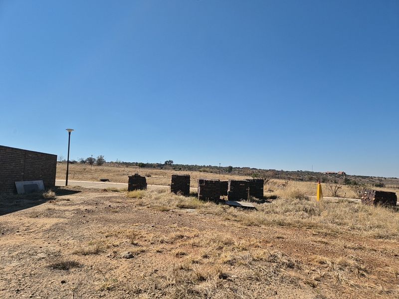 A view of a vacant residential plot featuring dry grass, a brick wall section, and a street light under a clear blue sky.