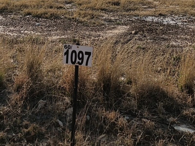 A close-up view of a property boundary marker sign on a vacant residential plot.