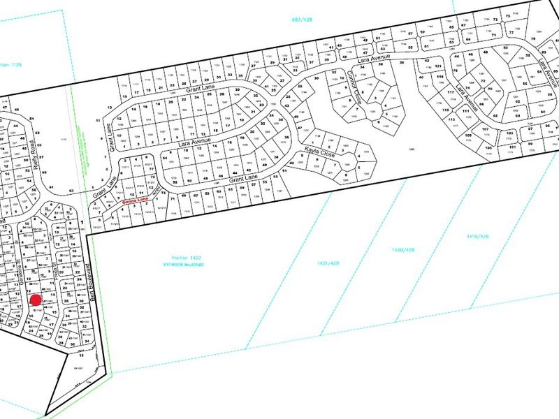 A detailed cadastral survey map showing the layout of the residential estate, including individual plot boundaries, street names, and lot numbering.
