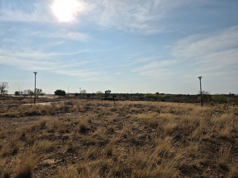A vacant residential plot featuring natural grass, perimeter fencing, and installed street lighting poles under a clear sky.